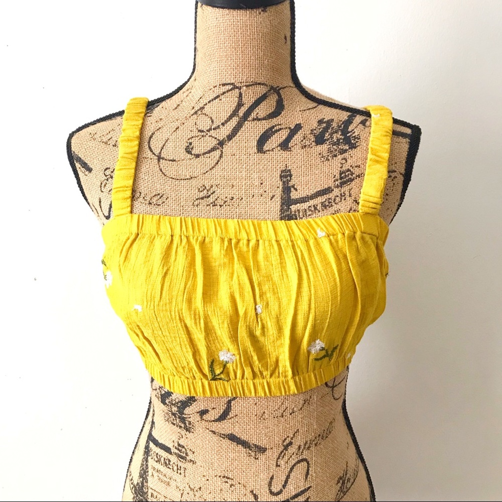 Dee Elly Medium Yellow Floral Ruched Embroidered Cami Crop Top